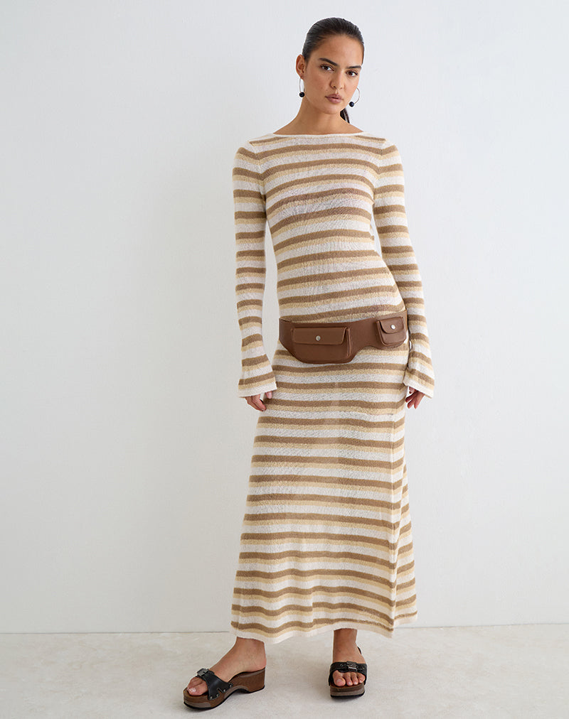Cream and Camel Tonal Stripe Ribbed Knit Maxi Dress | Jadie