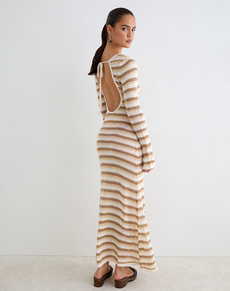 Cream and Camel Tonal Stripe Ribbed Knit Maxi Dress | Jadie