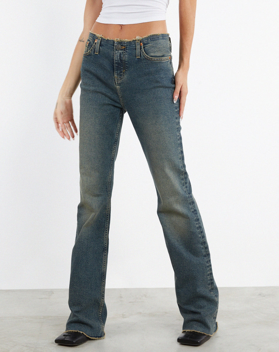 Blue Denim Low Rise Flared Leg Frayed Jeans | Frayed Low
