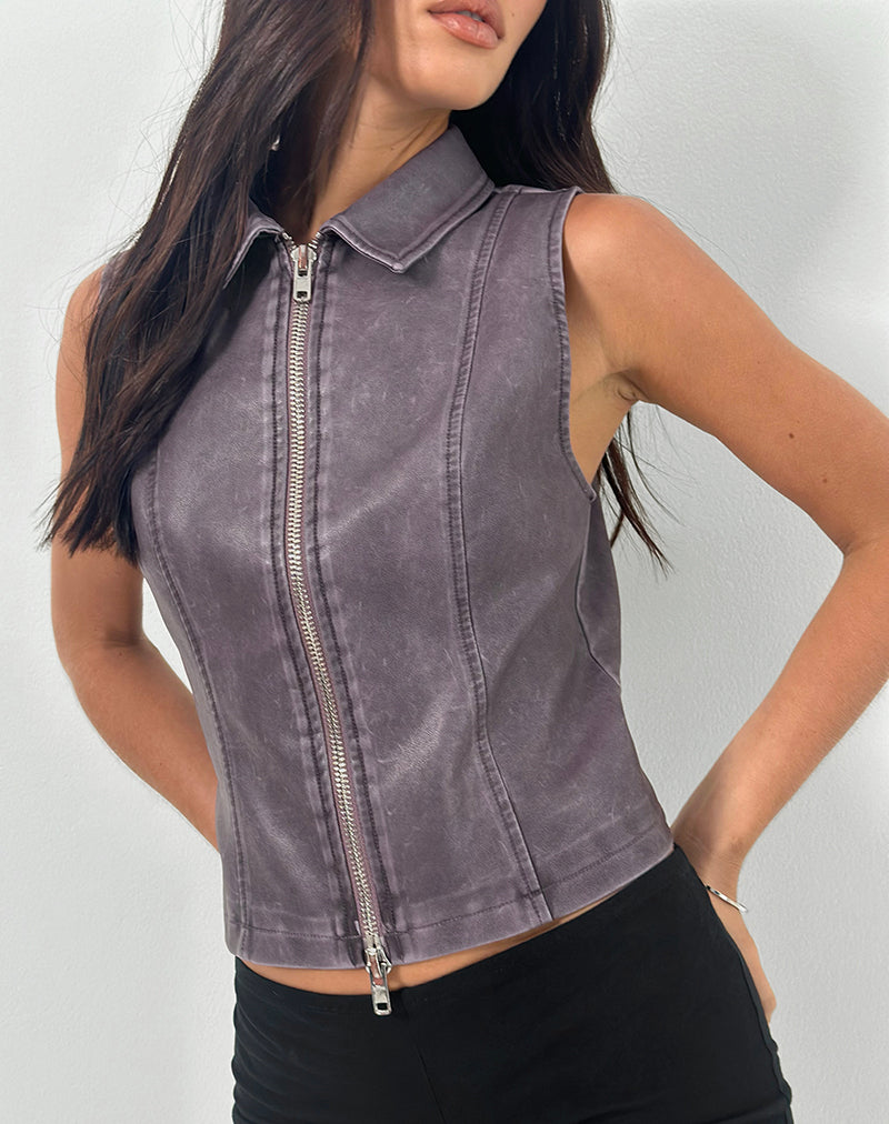 Purple Washed PU Collared Zip Vest Top | Janae – motelrocks-com-us