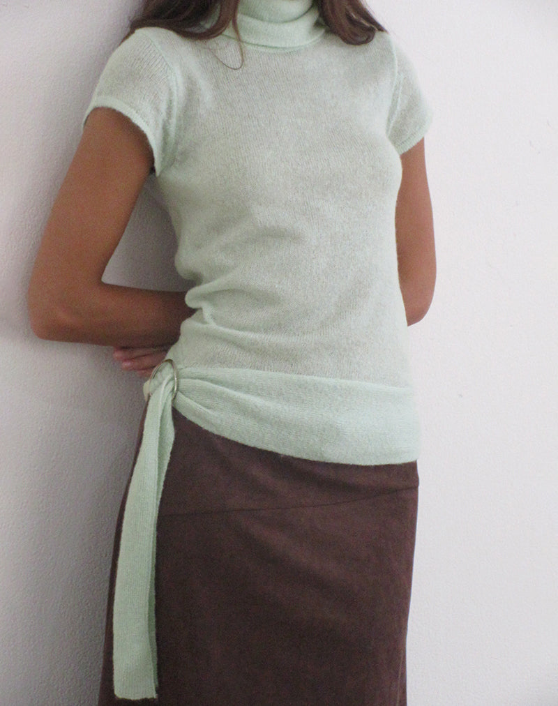 Mint Knit Sheer Turtleneck Top with Buckle Waist | Jian