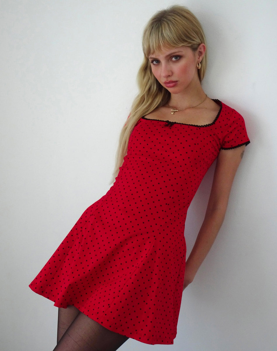 red polka dot mini dress Red Polka Pleat Detail Mini Dress