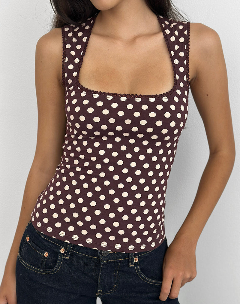 Brown Sweatheart Top with Small Cream Polka Print | Jinalo