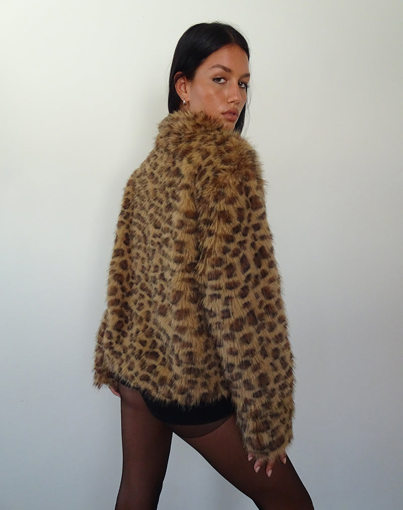 Joji Crop Faux Fur Jacket in Brown Leopard