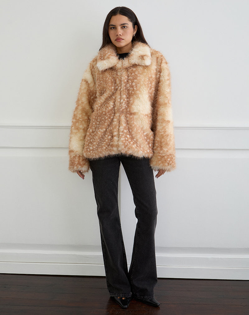 Beige Bambi Print Faux Fur Jacket | Joji – motelrocks-com-us