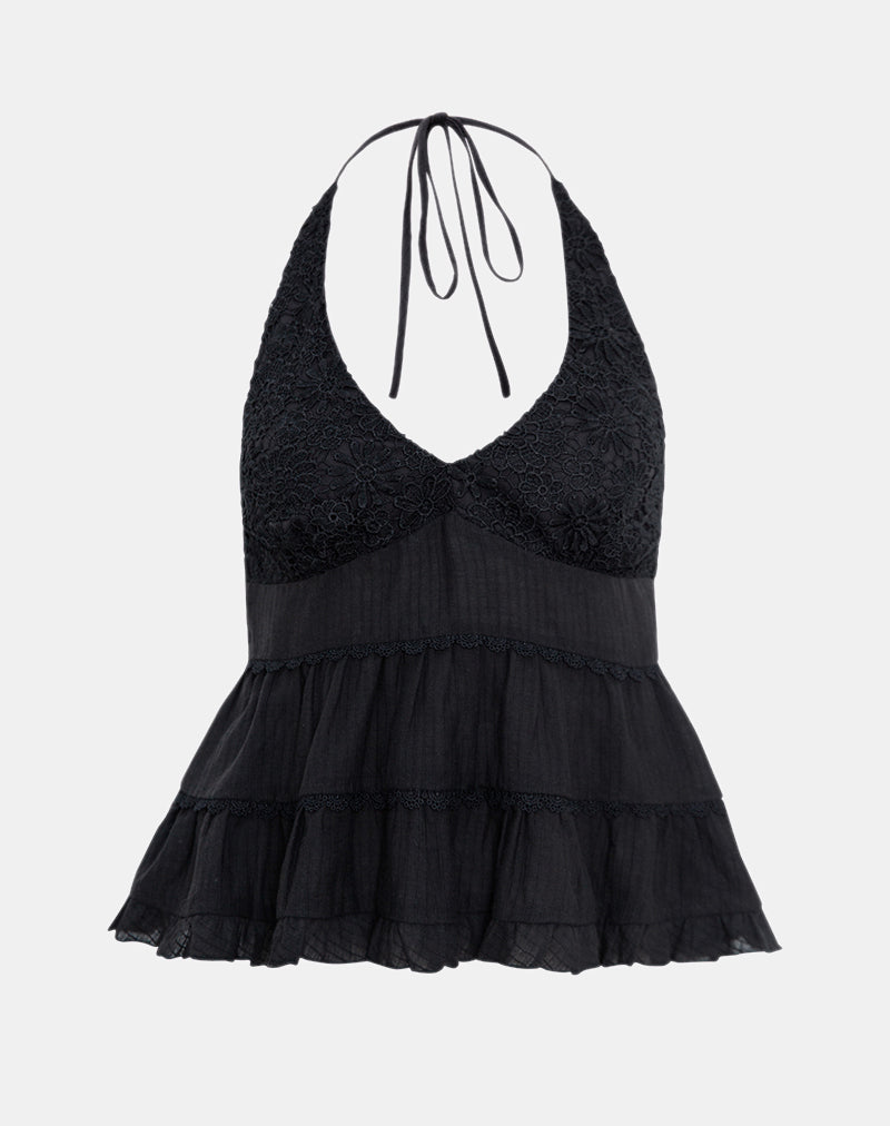 本日限定　shirred frill halter tops Black Frill Halter Neck Top | Juanita – motelrocks-com-us