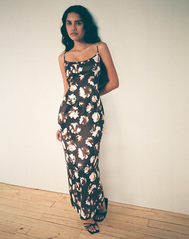 Kafka Maxi Dress in Brown Floral Print , Scoop Neckline Kafka Maxi Dress in Brown Floral Print , Scoop Neckline