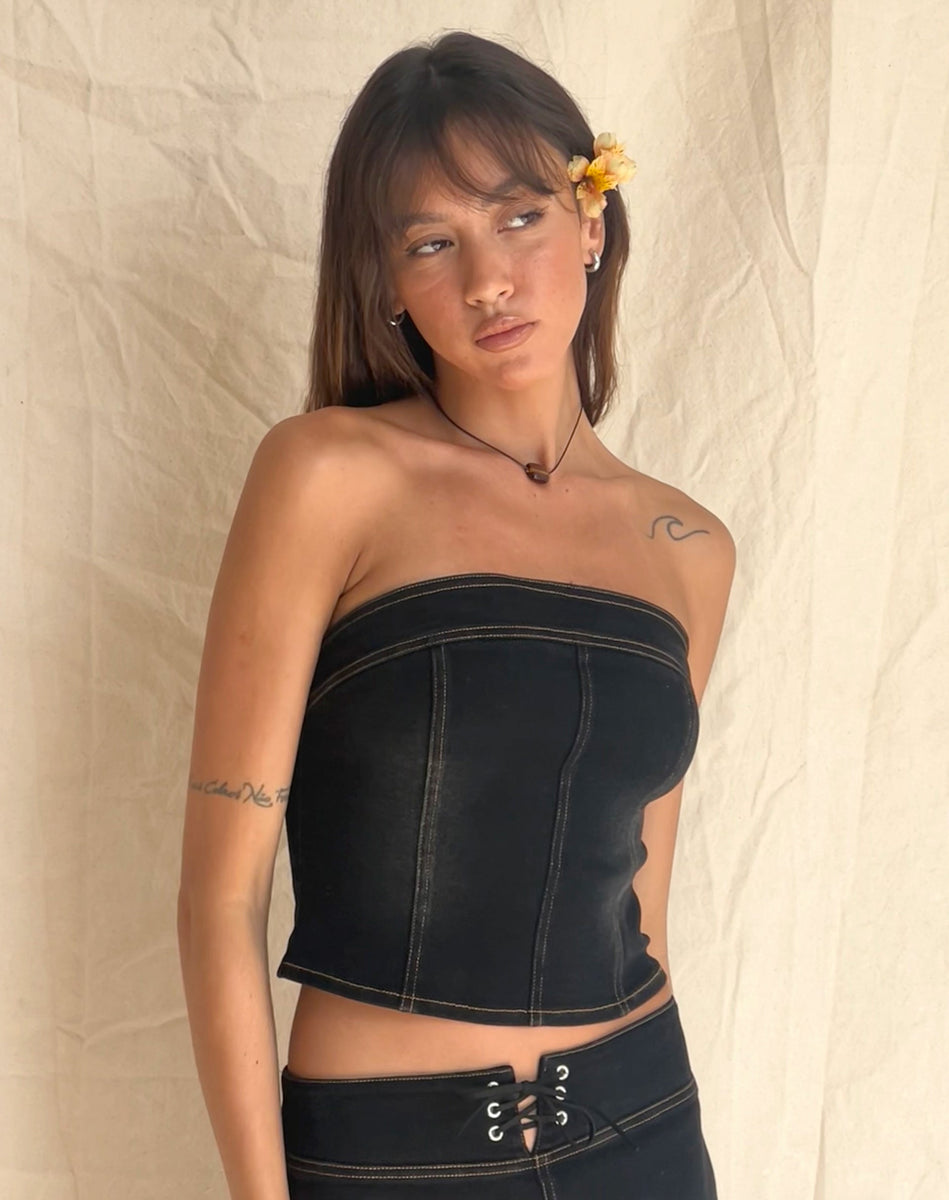 【THEAIRTOWN】cat leather corset top & jeans set up ★S/M THEAIRTOWN】cat leather corset top & jeans set up ☆S/M