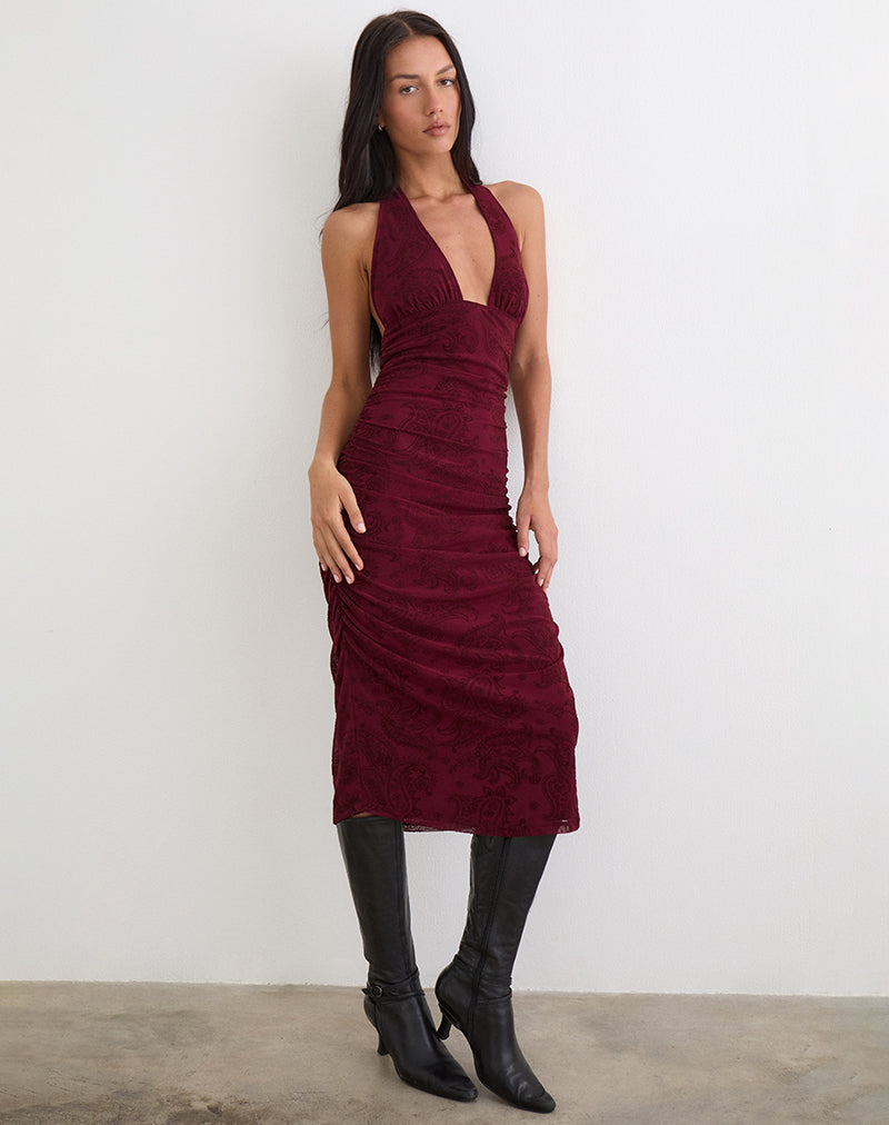 Wine Flock Paisley Halterneck Midi Dress | Kamau motelrocks-com-us Wine Flock Paisley Halterneck Midi Dress | Kamau motelrocks-com-us