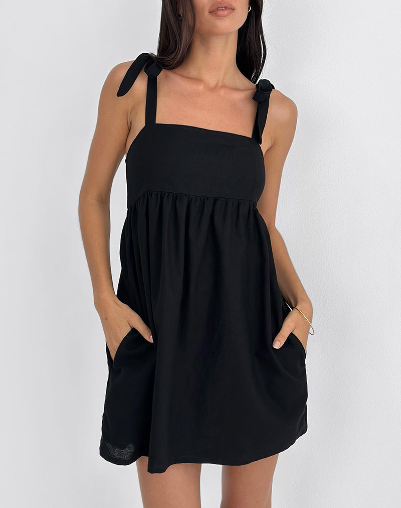 chinese dress ladies Kayla Square Neck Mini Dress in Linen Black
