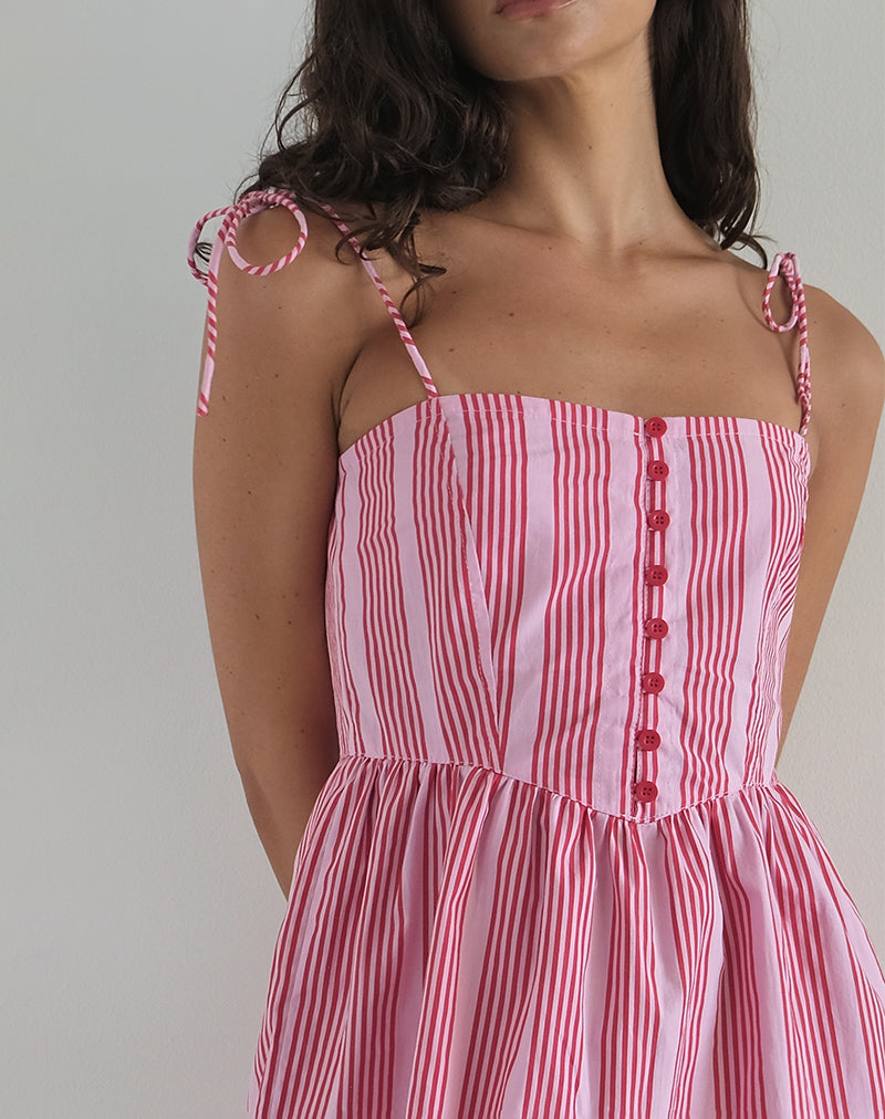 LaRoque Pink & White fashion Striped V Neck Button Up Sleeveless Tiered Mini Dress XL