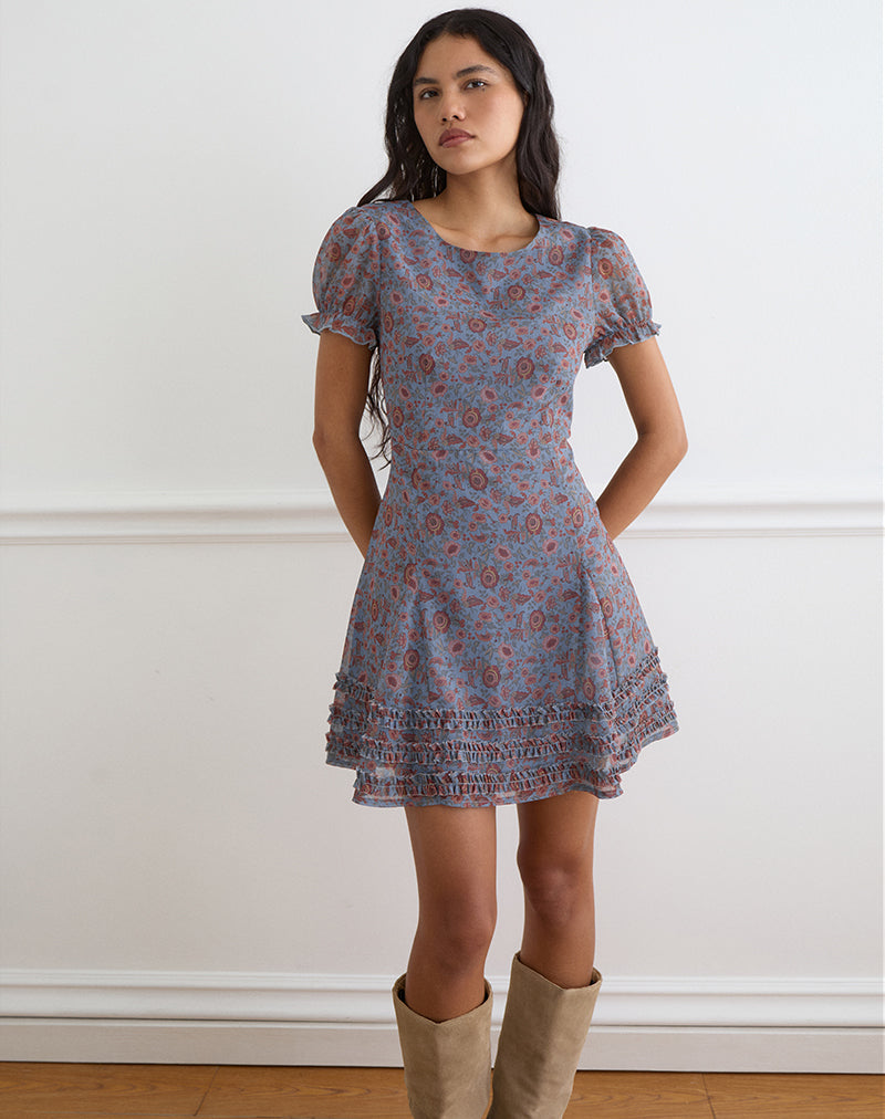 Koharu Mini Dress in Shadow Blossom Blue Chiffon , Zip Up