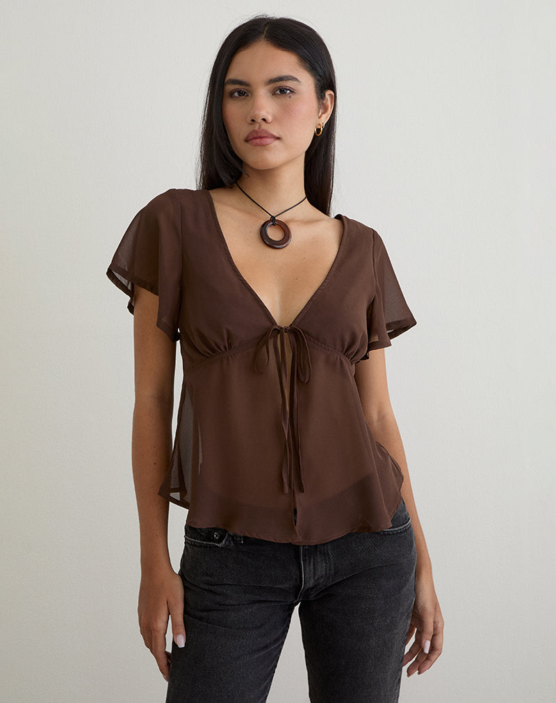 Kota Chiffon Blouse Top in Brown , V Neck Kota Chiffon Blouse Top in Brown , V Neck