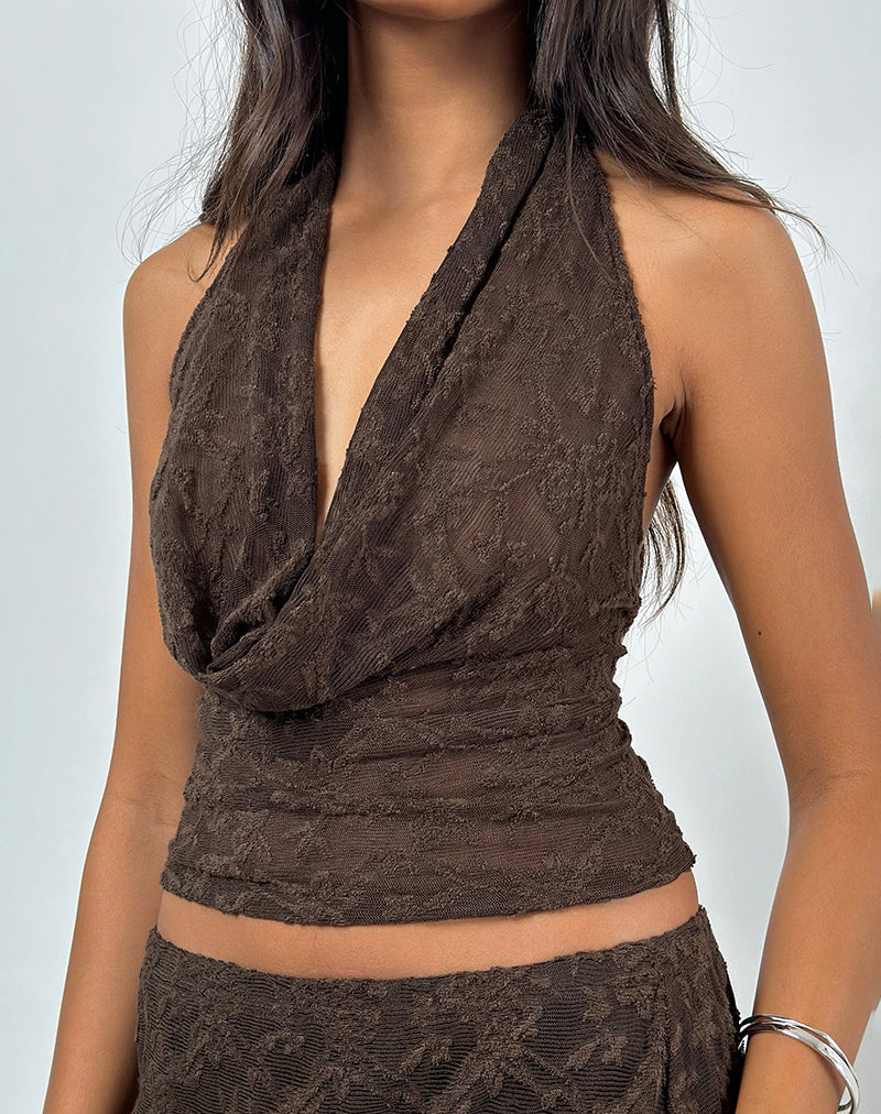 トップス Halterneck Checkjacquard Tops Brown Jacquard Knit Halter Top | Kylo – motelrocks-com-us