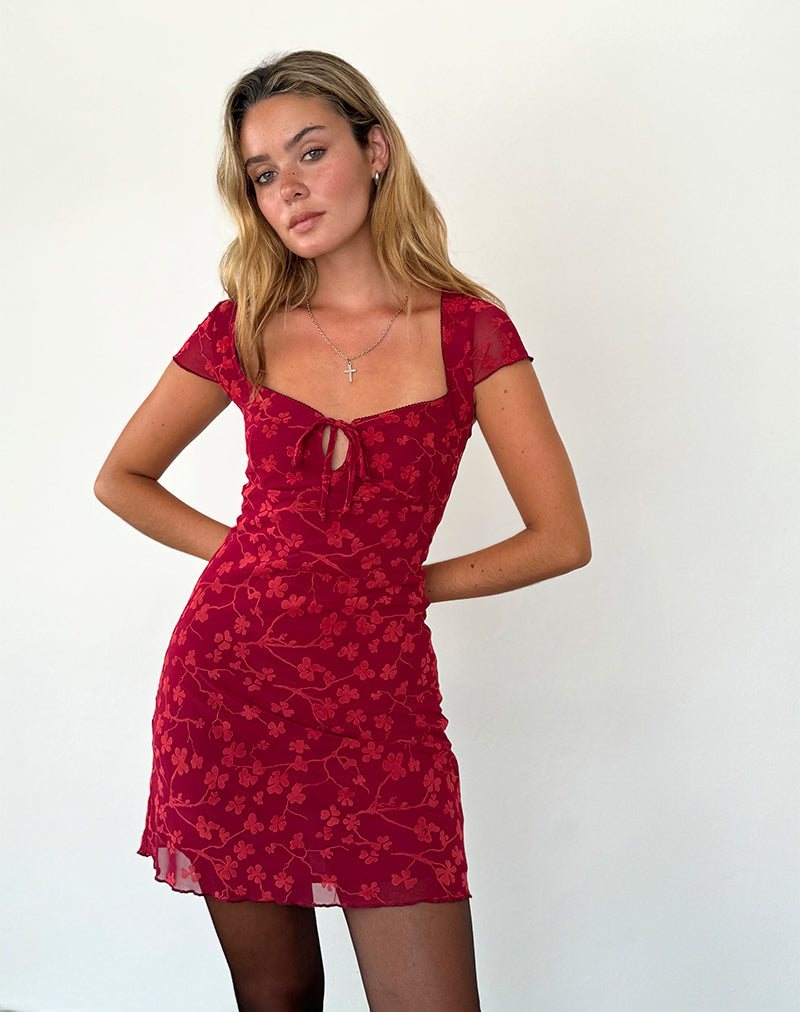 Lashka Mini Dress in Red Grunge Floral Flock Lashka Mini Dress in Red Grunge Floral Flock