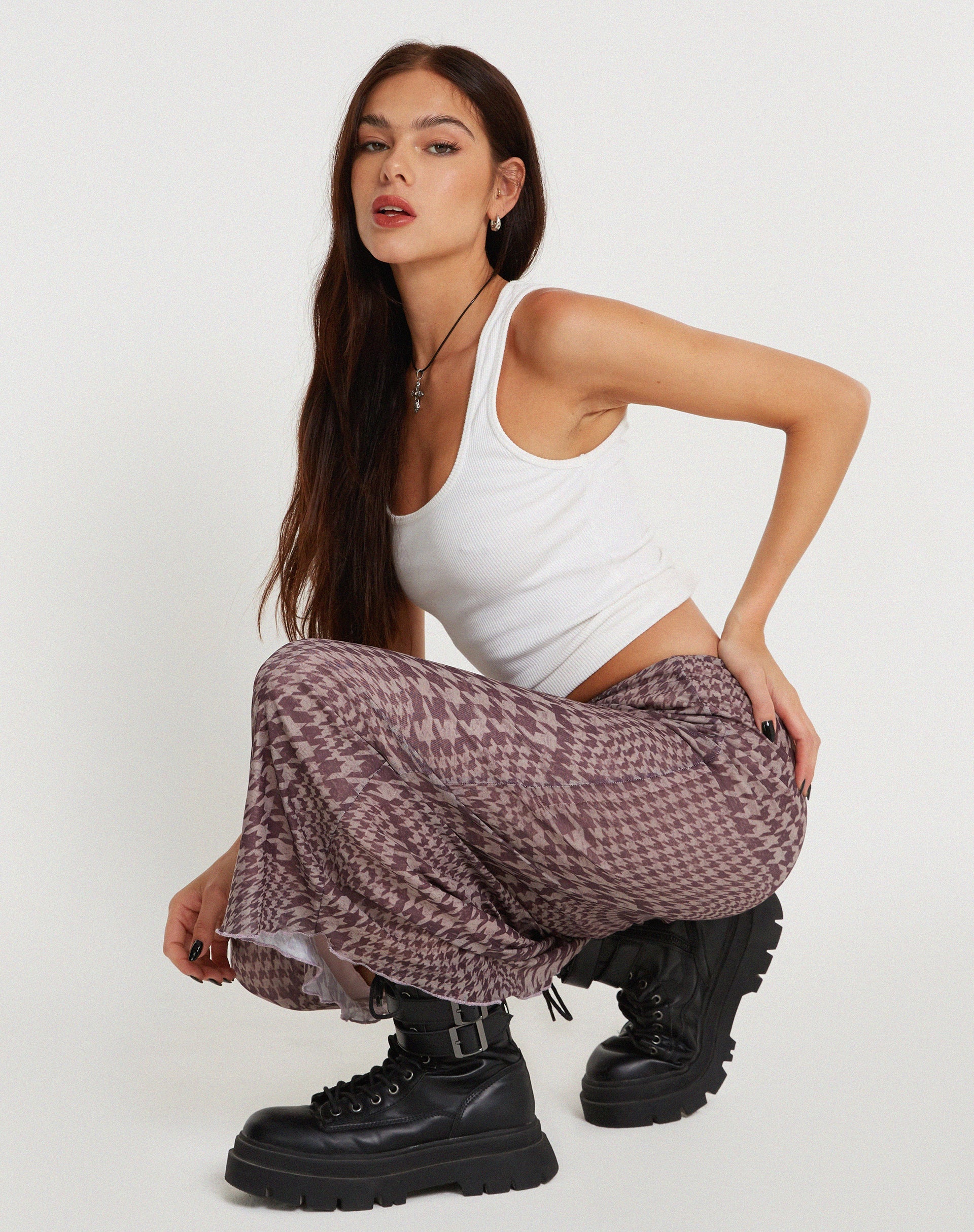 Image of Lassie Printed Mesh Maxi Skirt in Warped Houndstooth Brown