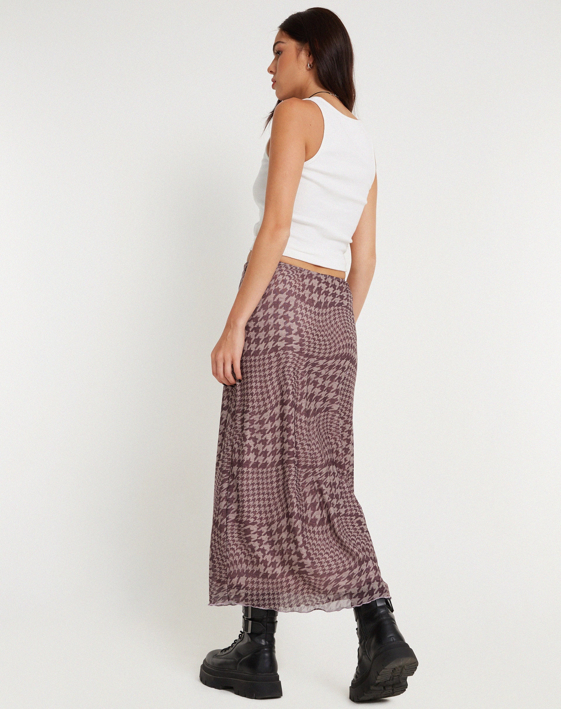 Image of Lassie Printed Mesh Maxi Skirt in Warped Houndstooth Brown