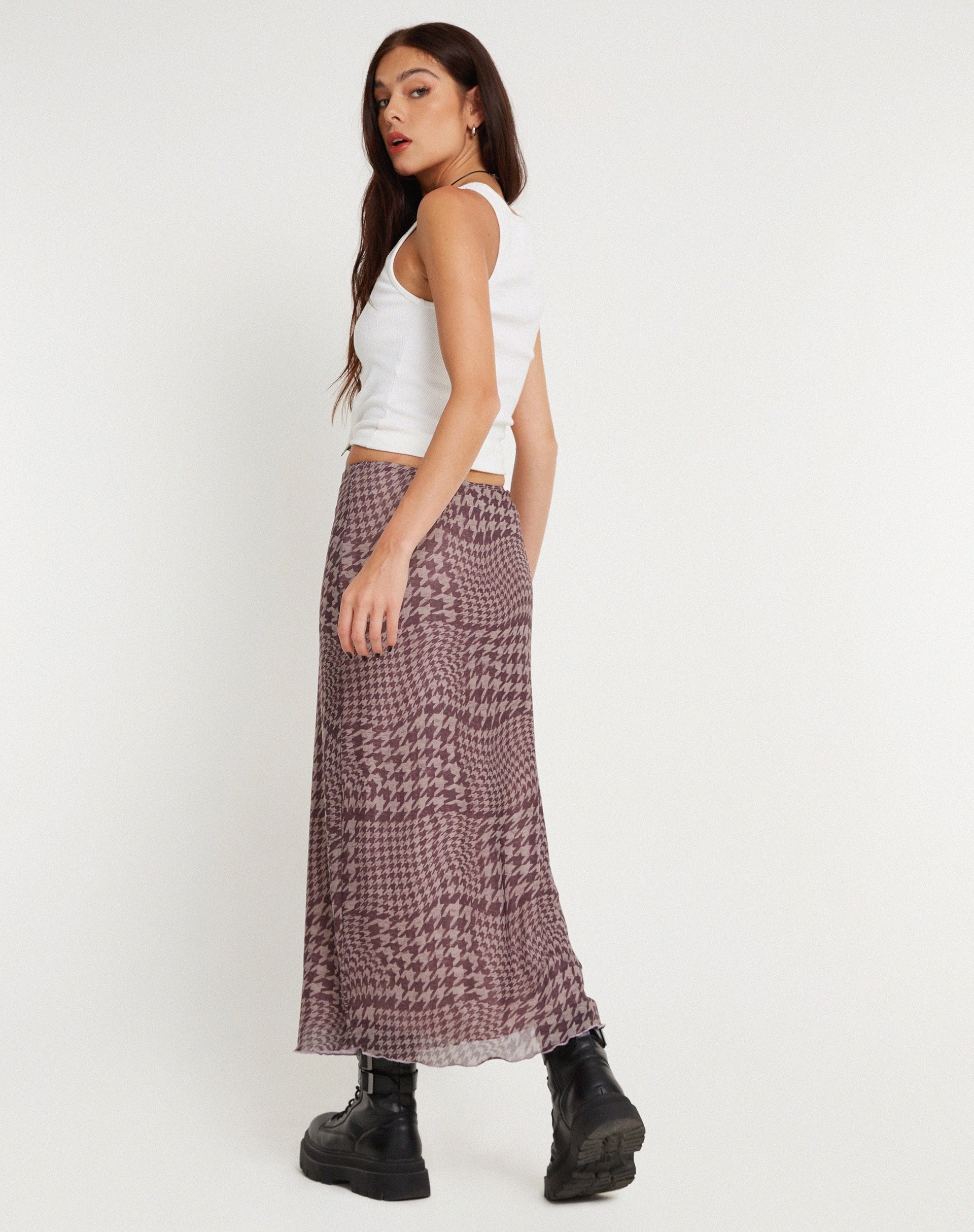 Image of Lassie Printed Mesh Maxi Skirt in Warped Houndstooth Brown