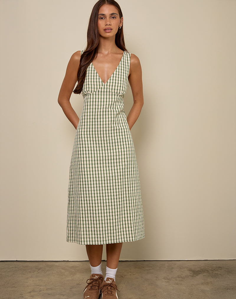 1210510 Green Check Midi Slip Dress
