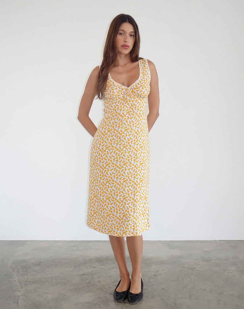 Lavisha Midi Dress in Yellow Cosmos Garden , Floral , V Neck , Zip Up