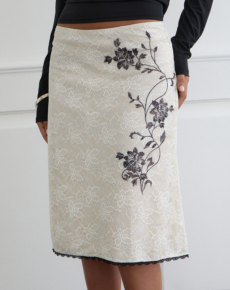 Ivory Lace with Black Vine Print Low Rise Midi Skirt | Laykha