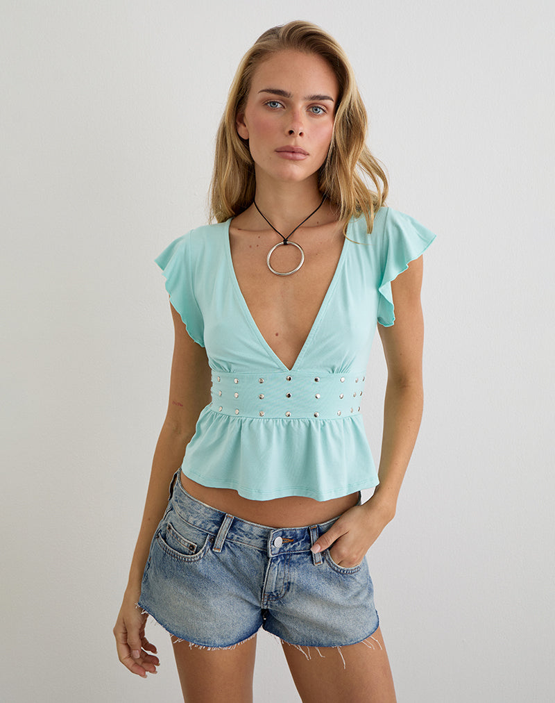 Aqua Jersey Frill Top with Studs | Leisma – motelrocks-com-us