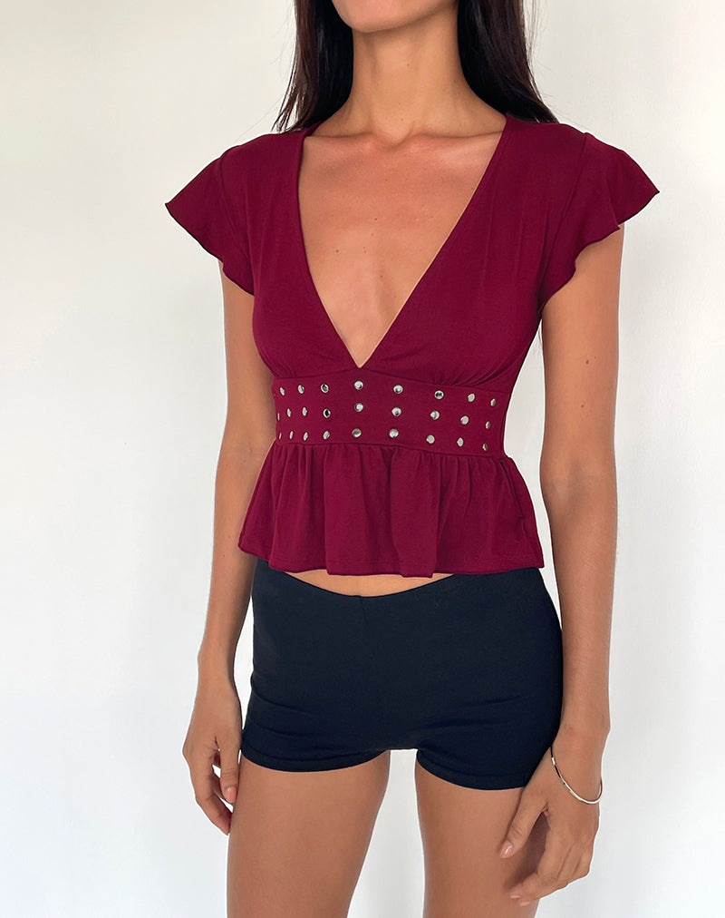 Burgundy Frill Top with Studs | Leisma – motelrocks-com-us