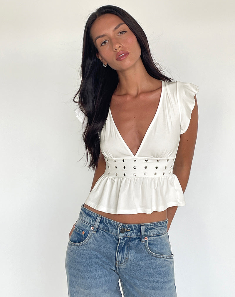 White Jersey Frill Top with Studs | Leisma – motelrocks-com-us