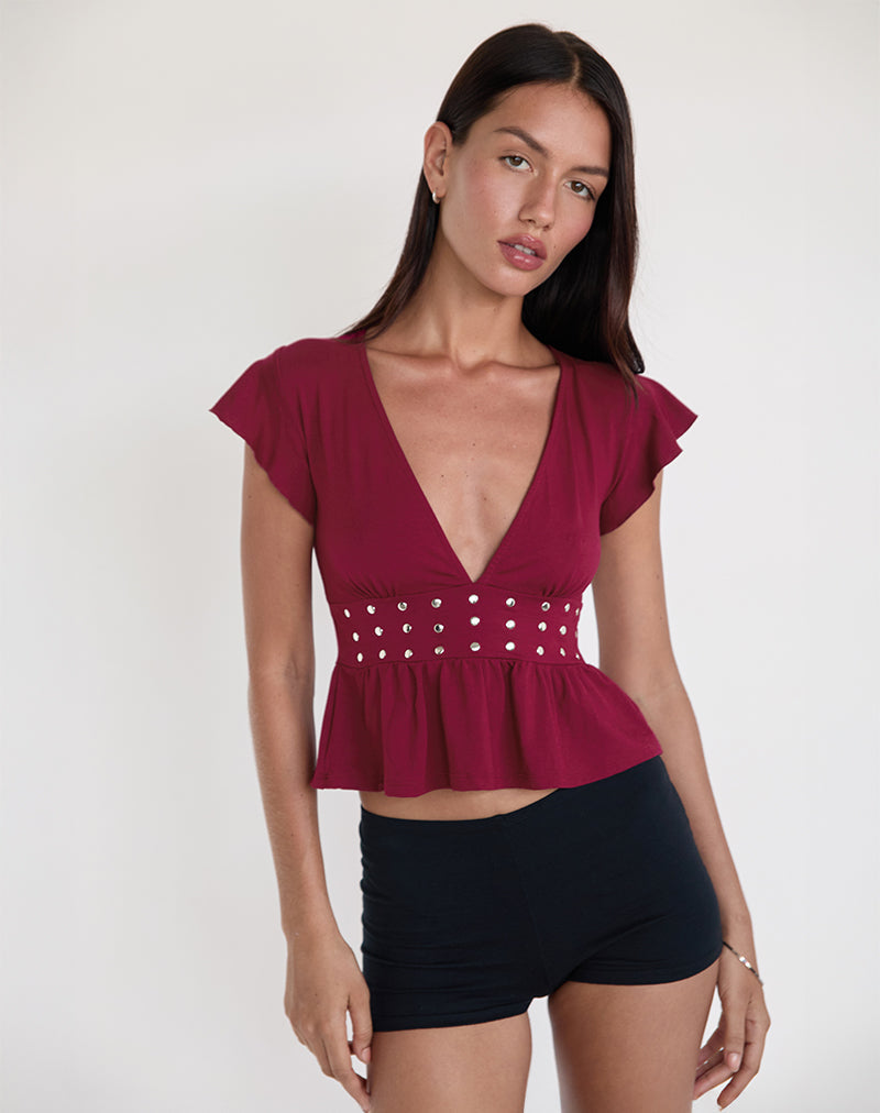 Burgundy Frill Top with Studs | Leisma – motelrocks-com-us