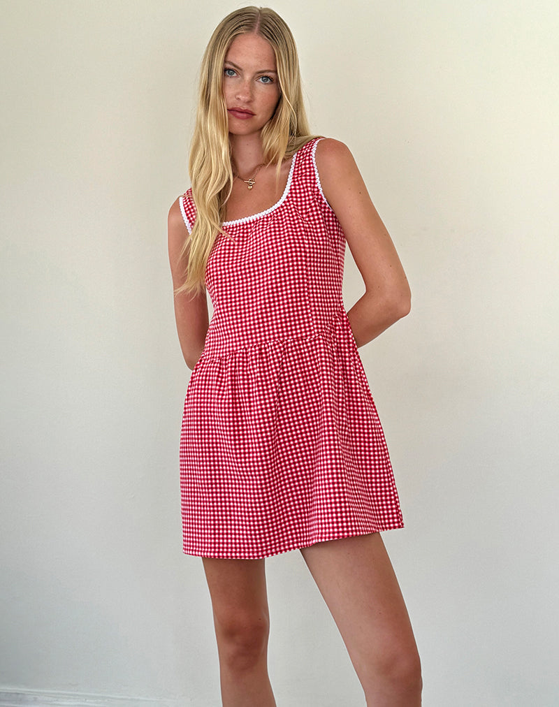 Leshi Mini Dress in Red Gingham , Scoop Neckline Leshi Mini Dress in Red Gingham , Scoop Neckline