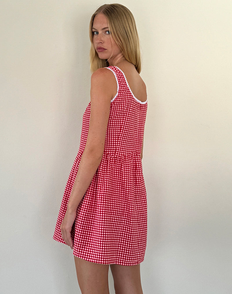 Leshi Mini Dress in Red Gingham , Scoop Neckline Leshi Mini Dress in Red Gingham , Scoop Neckline