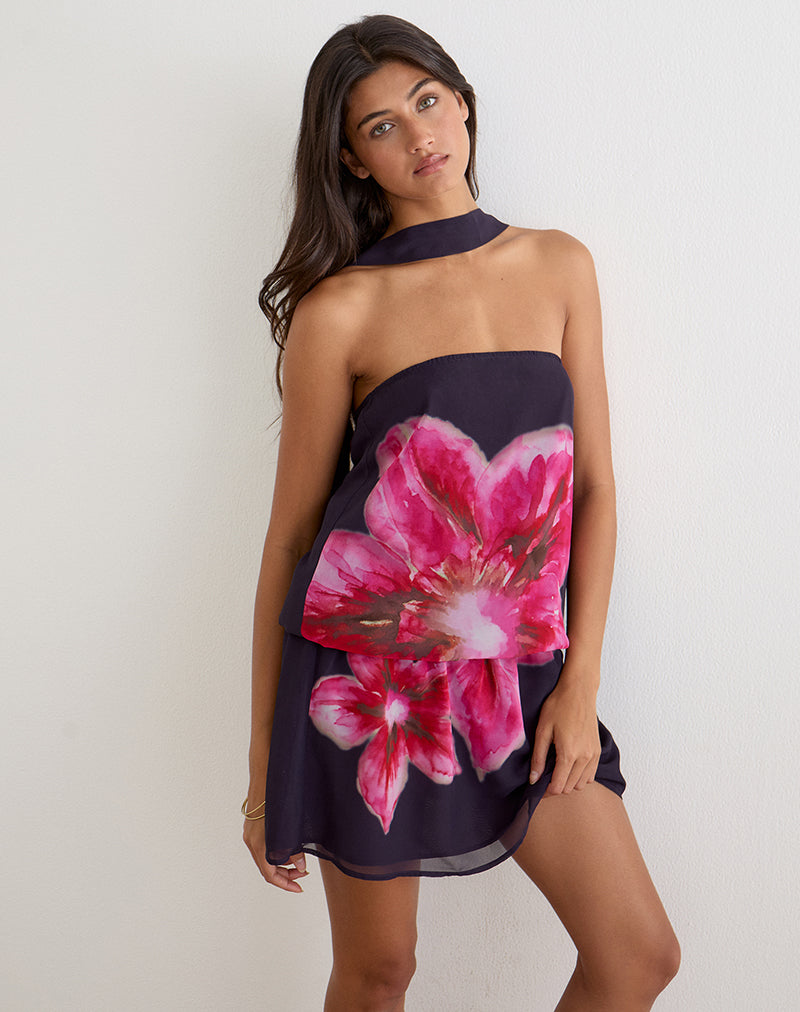black dress with purple flowers Lilira Mini Dress in Purple Chiffon with Desert Flower