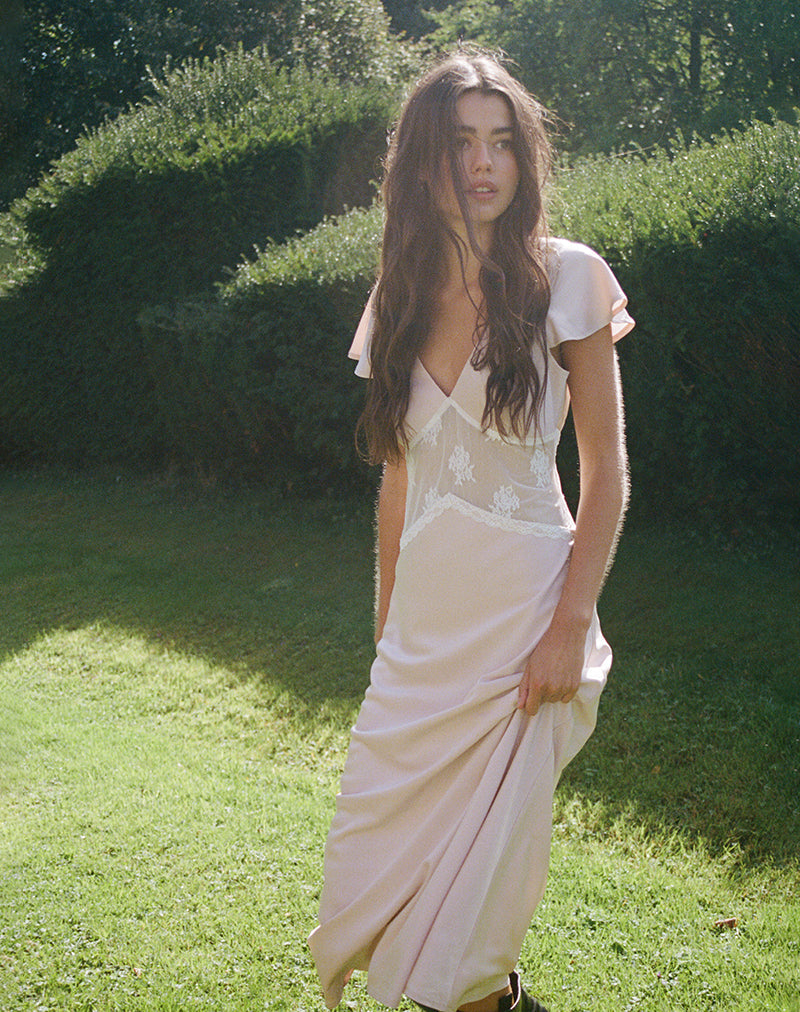 Lirenda Midi Dress in Satin Baby Pink , V Neck Lirenda Midi Dress in Satin Baby Pink , V Neck