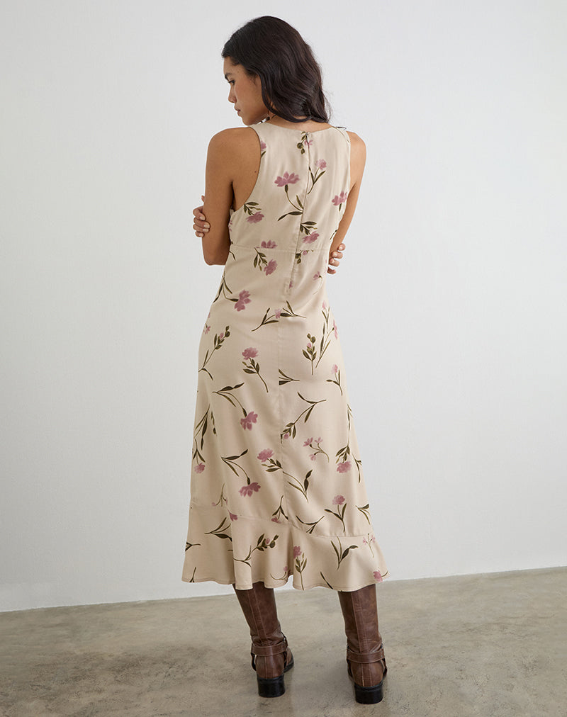 Taupe Bloom Leafy Midi Dress | Lisandy – motelrocks-com-us