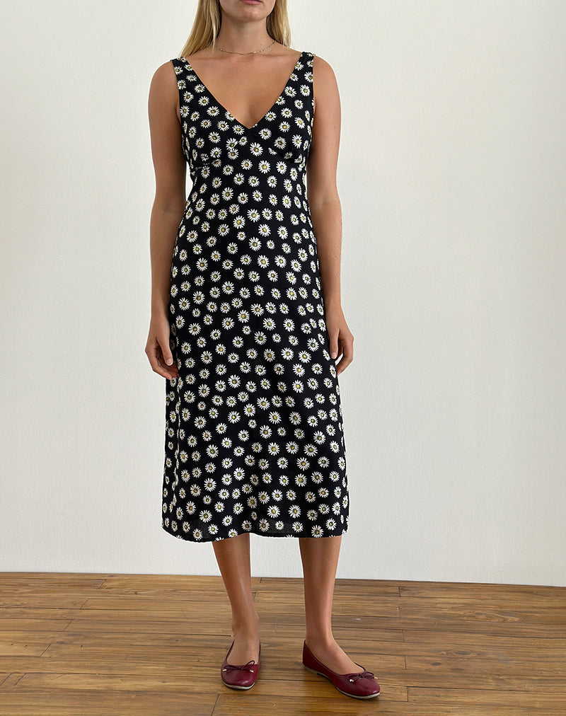 Lisheva Midi Dress in Grunge Daisy Black , V Neck , Plunge Neckline Lisheva Midi Dress in Grunge Daisy Black , V Neck , Plunge Neckline