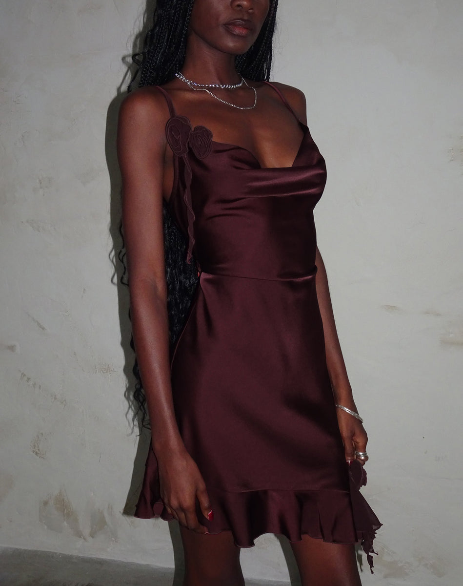 jenani rosette ruffle midi dress in light plum Deep Plum Ruffle Mini Dress with Rosette