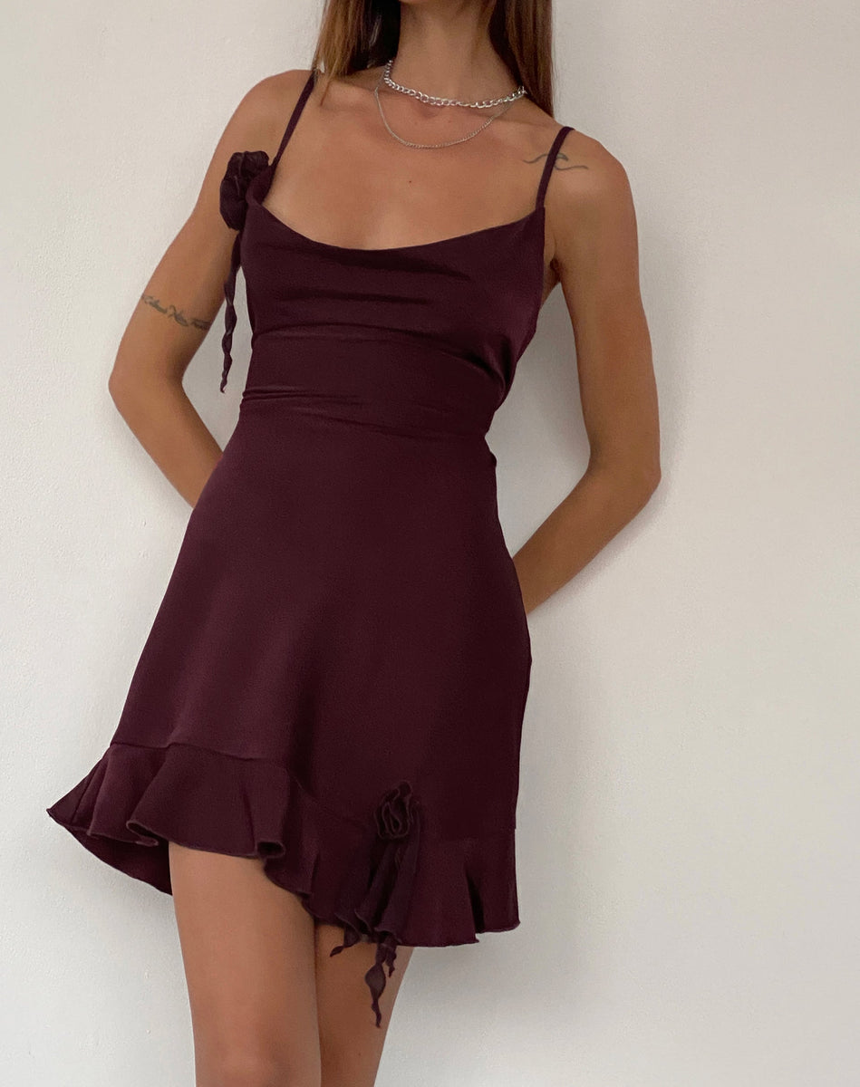 embellished ruffle mini dress in plum Deep Plum Ruffle Mini Dress with Rosette