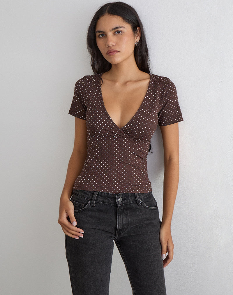 Brown Micro Polka Dot V Neck Crossover Top | Lobos – motelrocks-com-us