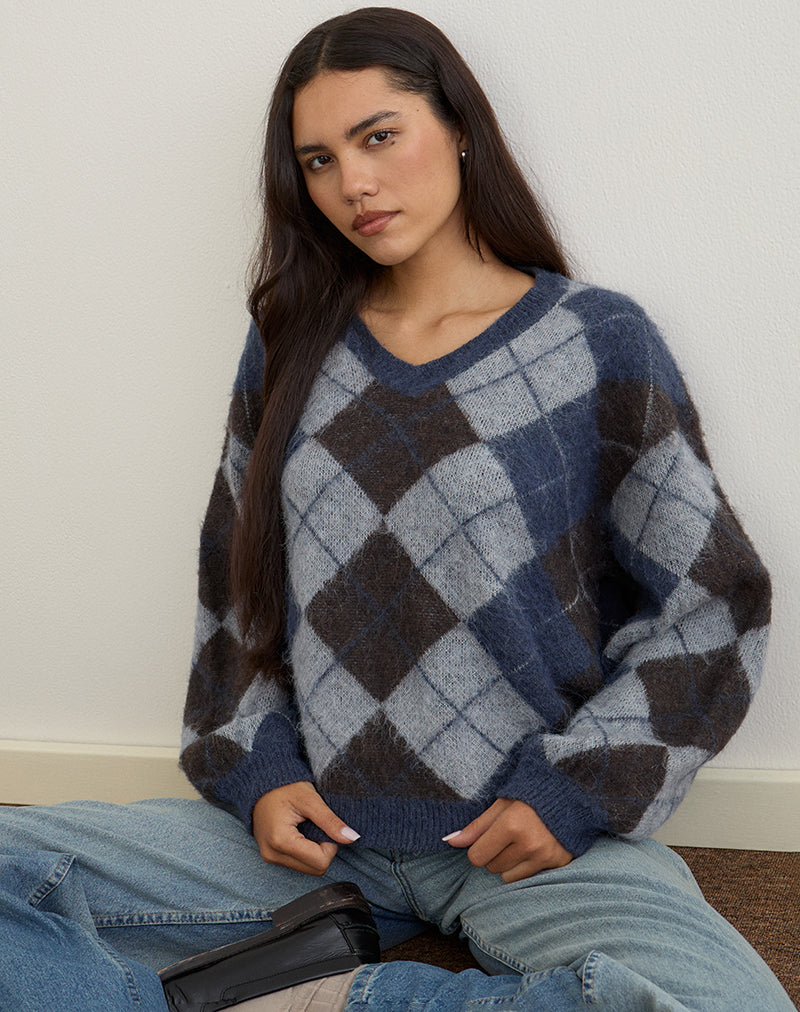 Louna Jumper in Knit Argyle Check Navy