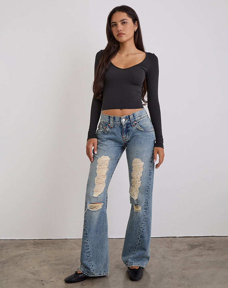 True Blue Low Rise Twisted Seam Ripped Jeans | Twisted TSY RIPPED WIDE STRAIGHT DENIM