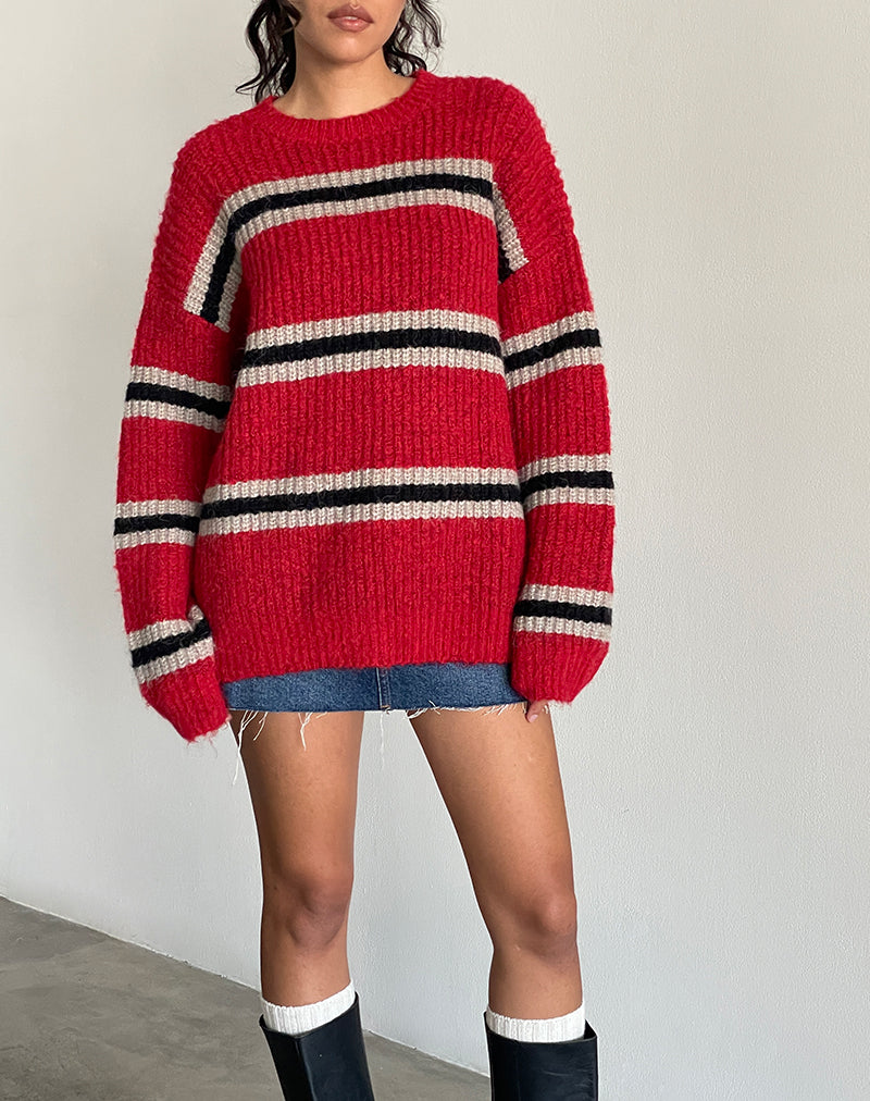 Motel Lunet Chunky Striped Knit Sweater in Red and Black