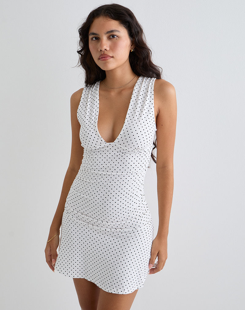 Luscian Plunge Mini Dress in White with Micro Polka Black , V Neck