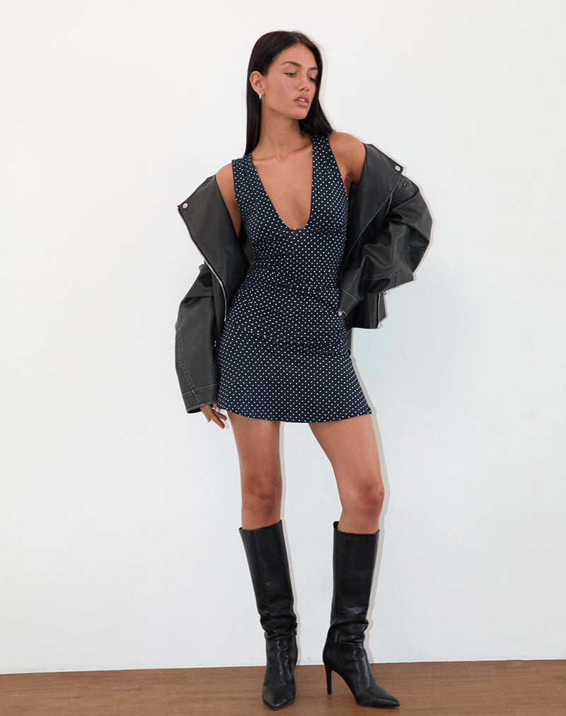 luscian plunge mini dress in micro polka brown Luscian Plunge Mini Dress in Micro Polka Navy , V Neck