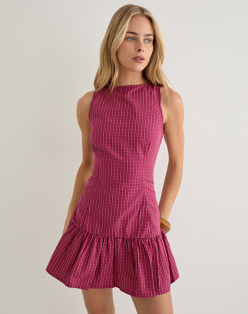 Maelah Dress in Raspberry Shadow Check , High Neck