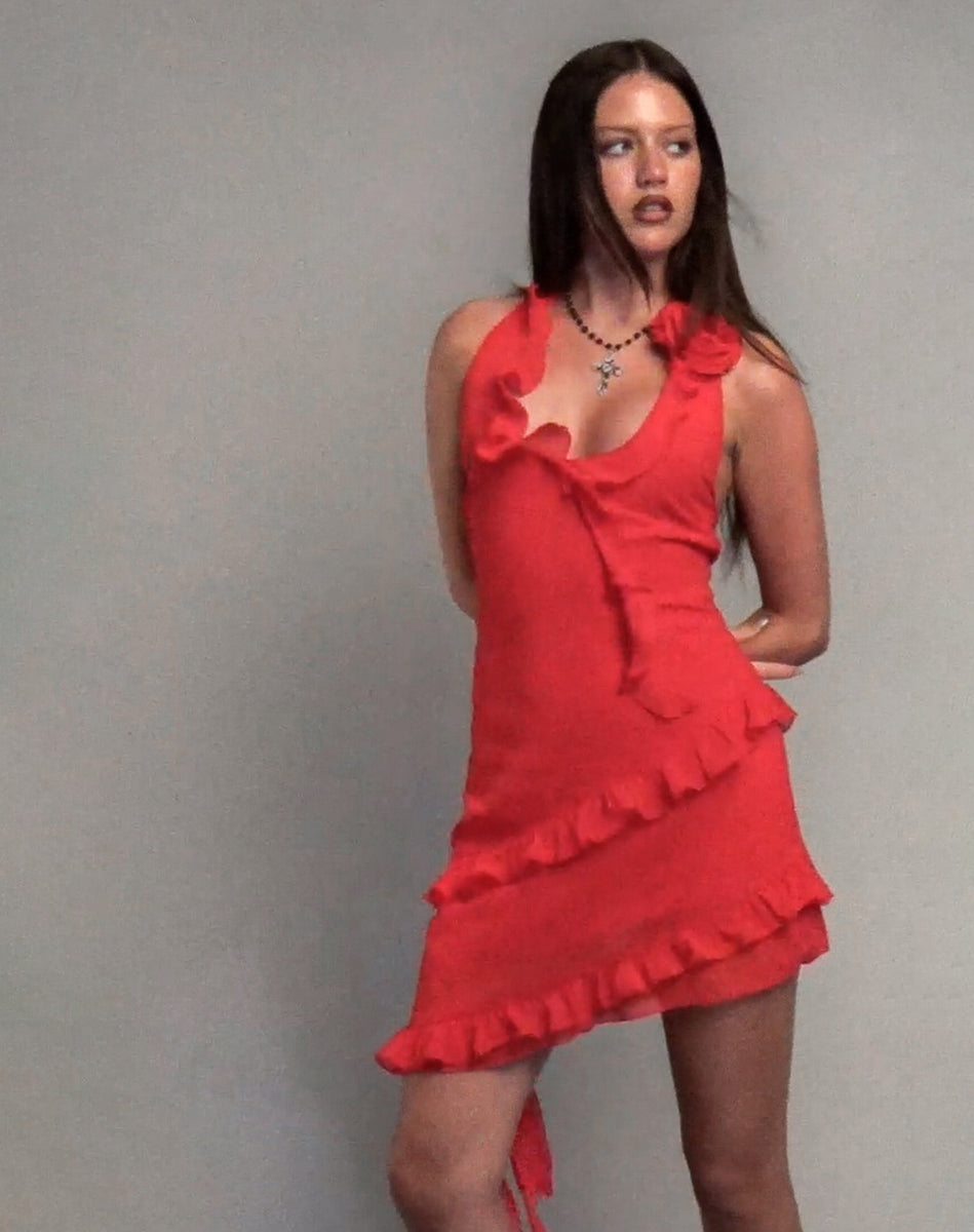 Margaret Ruffle Mini Dress in Red Chiffon with Rosette Margaret Ruffle Mini Dress in Red Chiffon with Rosette
