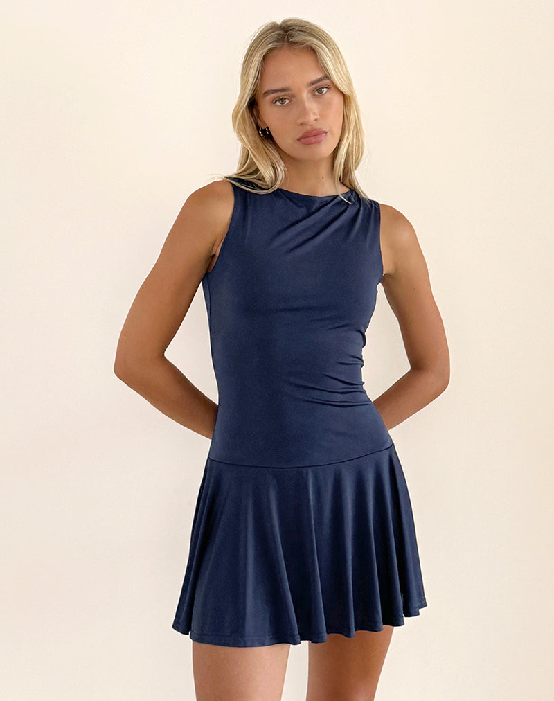 Maisha Open Back Bow Mini Dress in Slinky Navy , Pleated Maisha Open Back Bow Mini Dress in Slinky Navy , Pleated