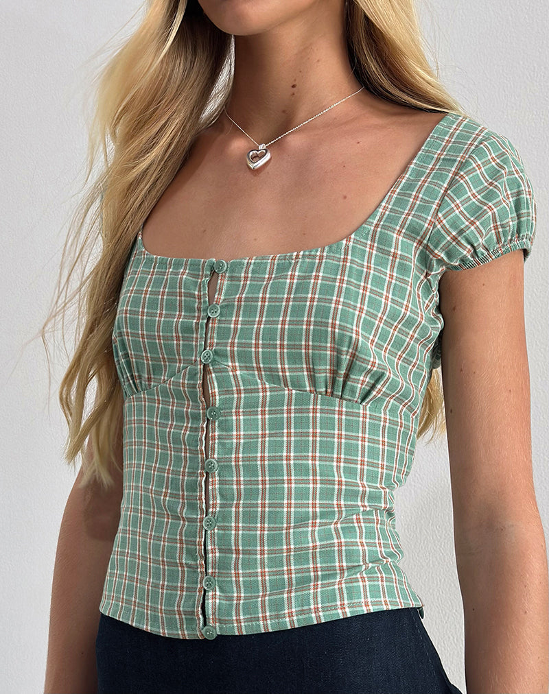 Teal Check Button Up Blouse Scoop Neckline | Malsa – motelrocks-com-us