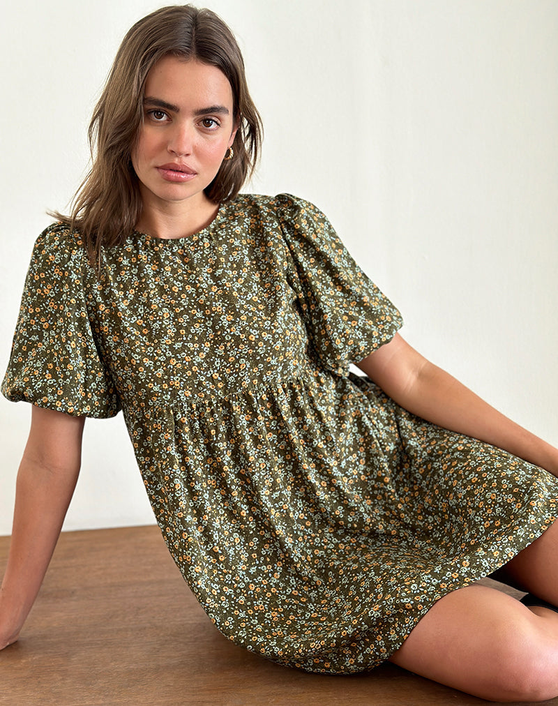 Marate Puff Sleeve Mini Dress in Grunge Floral Khaki, L Marate Puff Sleeve Mini Dress in Grunge Floral Khaki, L