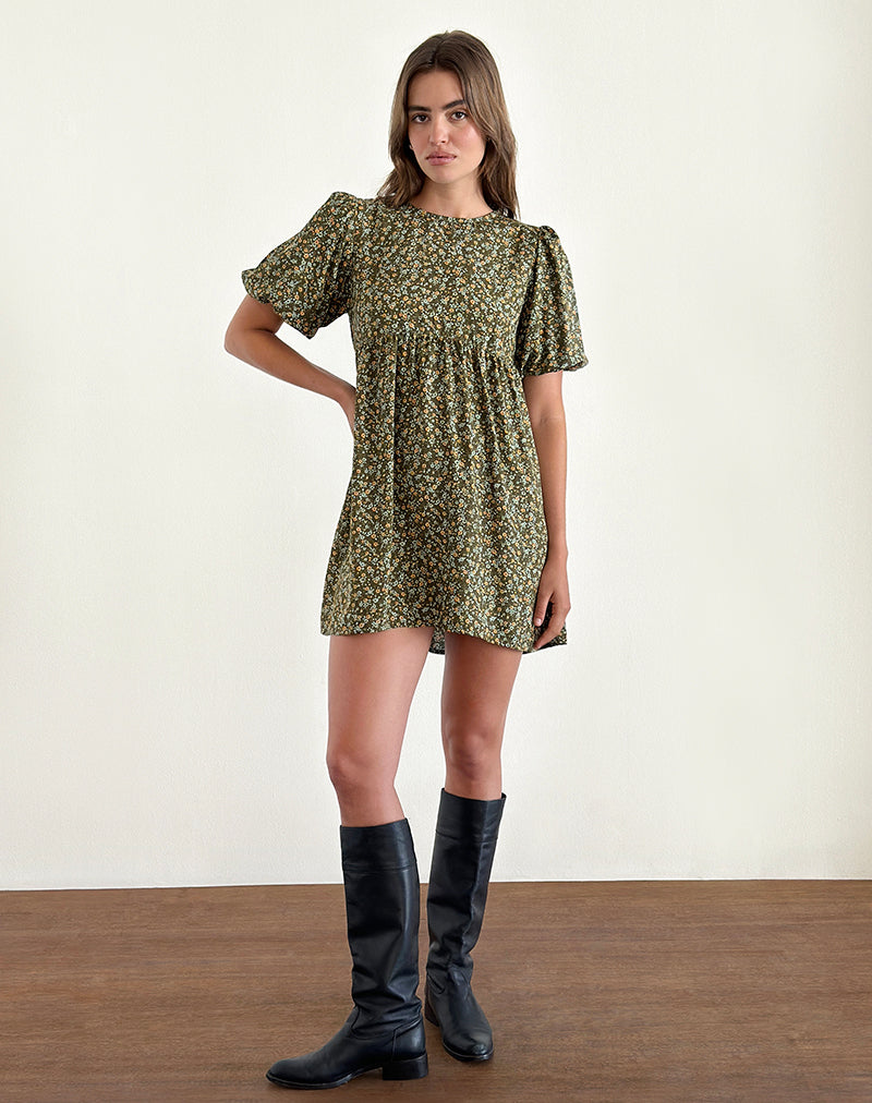 Marate Puff Sleeve Mini Dress in Grunge Floral Khaki, L Marate Puff Sleeve Mini Dress in Grunge Floral Khaki, L