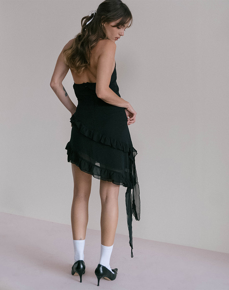 Black Chiffon with Rosette Mini Ruffle Dress | Margaret motelrocks-com-us Black Chiffon with Rosette Mini Ruffle Dress | Margaret motelrocks-com-us